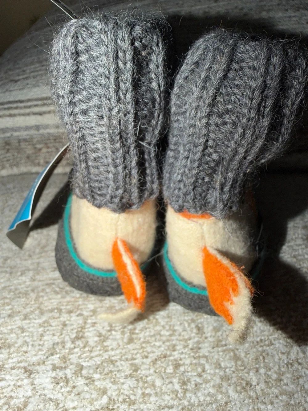 Garnet Hill Orange Fox Felted Wool Kids Slippers with Gray Knit Cuffs